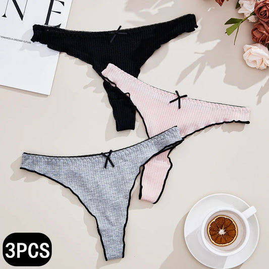 3Pcs Women's Thong Low-rise Panties Solid Color Cotton Lingerie Sexy