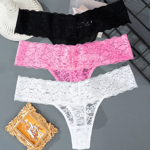 3PCS Lace Floral Women Panties Low Waist Breathable Briefs Female